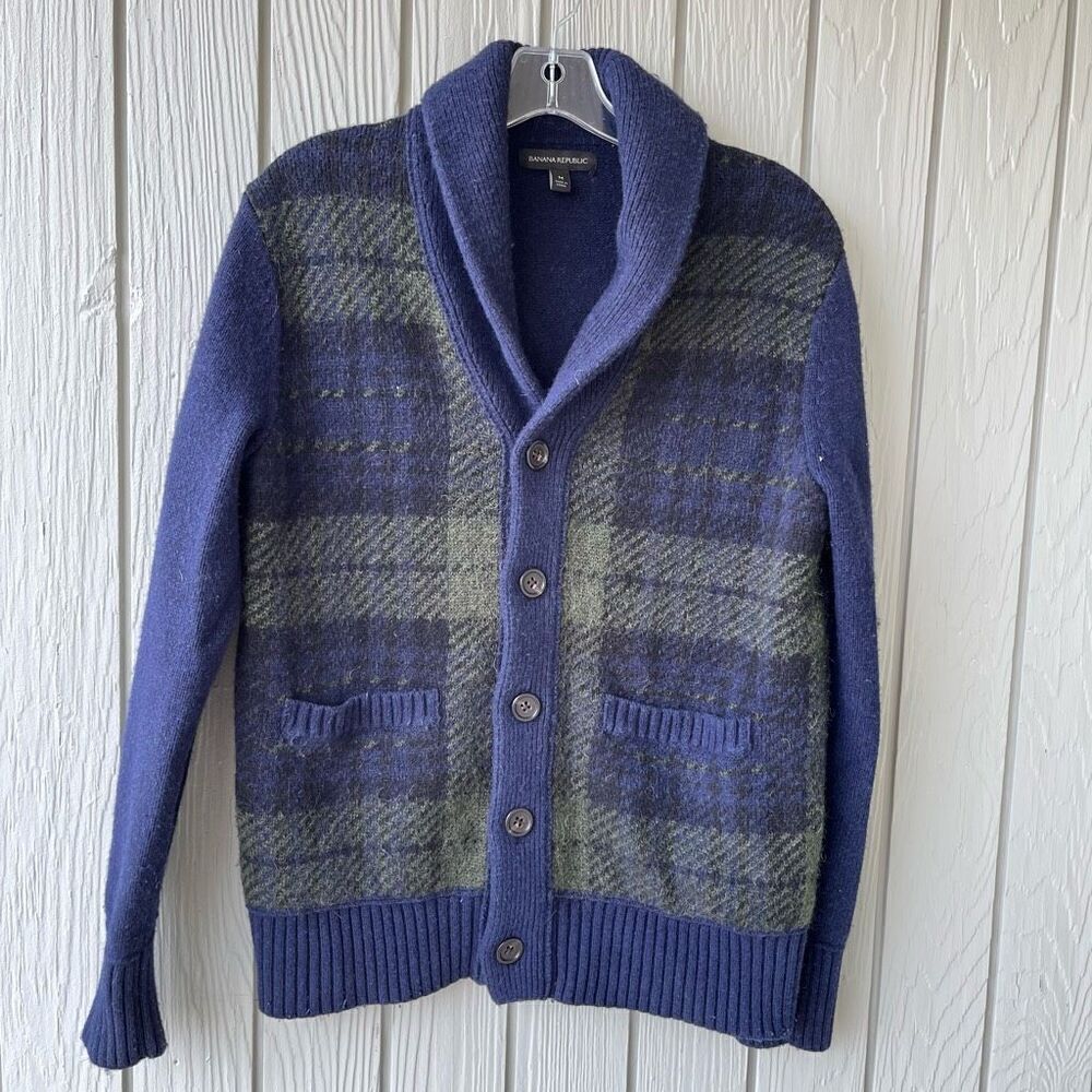 Banana Republic Wool Blend Shawl Collar Cardigan Navy Plaid S/M